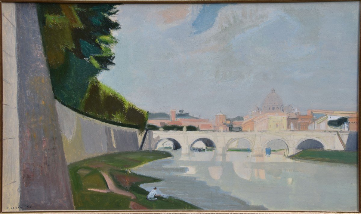 Adrian Holy "the Banks Of The Tiber In Rome" 1954 Oil On Cardboard 37x58-photo-4
